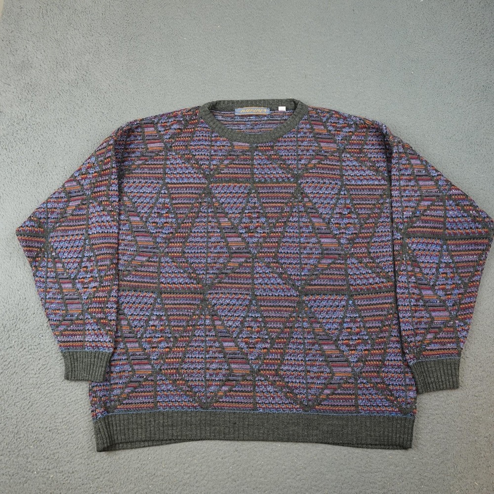Interlinea Sweater Mens XL Gray Multicolor Geometric Knit Crewneck Pullover
